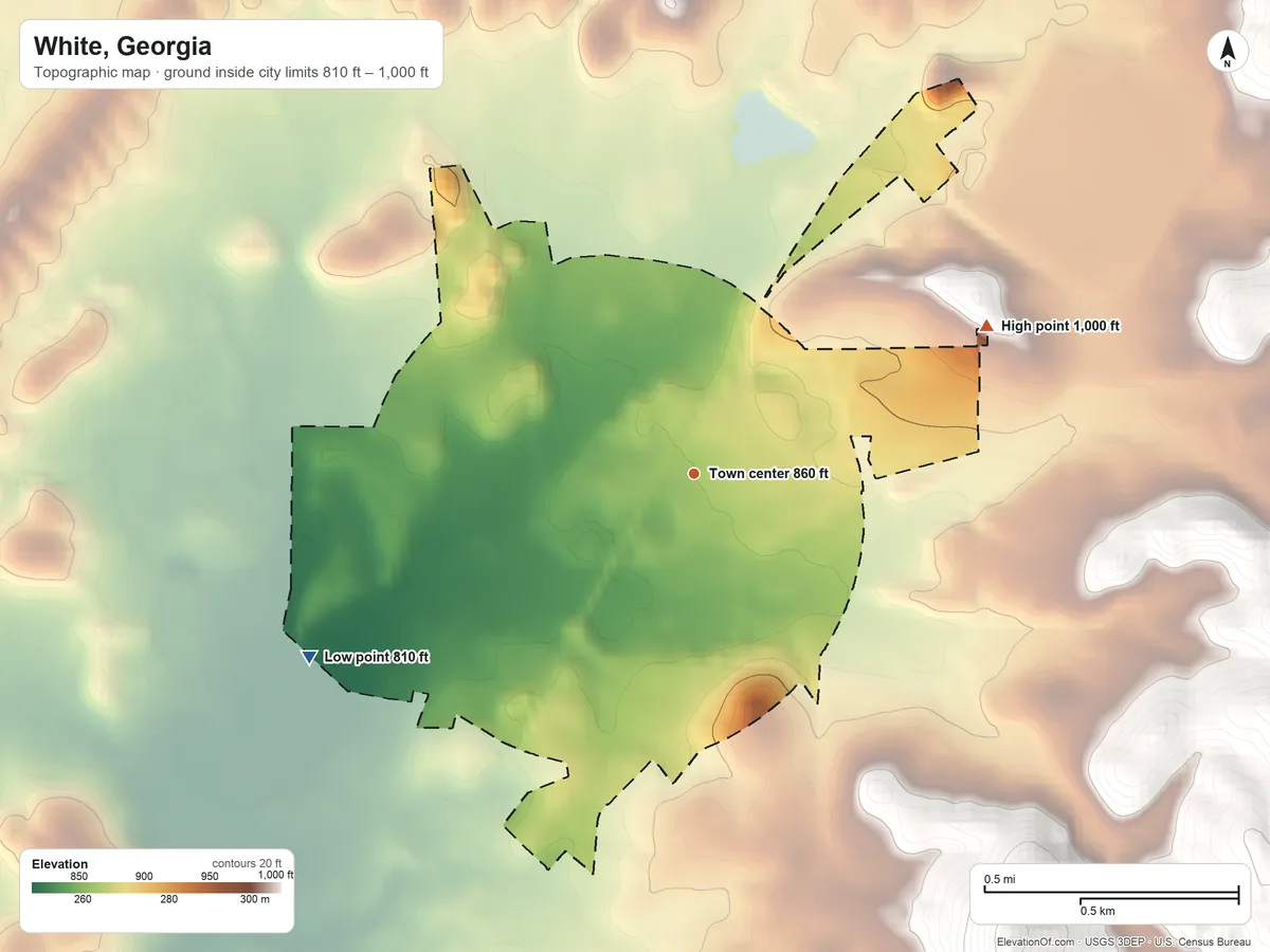Topographic elevation map of White, Georgia, shaded from 810 ft on the southwest side to 1,000 ft on the northeast edge, below higher ground just outside
