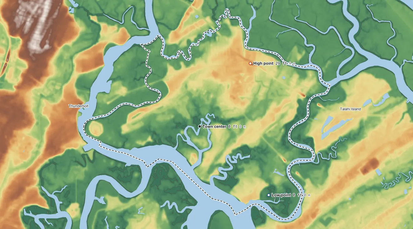 Topographic elevation map of Whitemarsh Island, Georgia, shaded from 0 ft on the southeast side to 29 ft on the northeast side