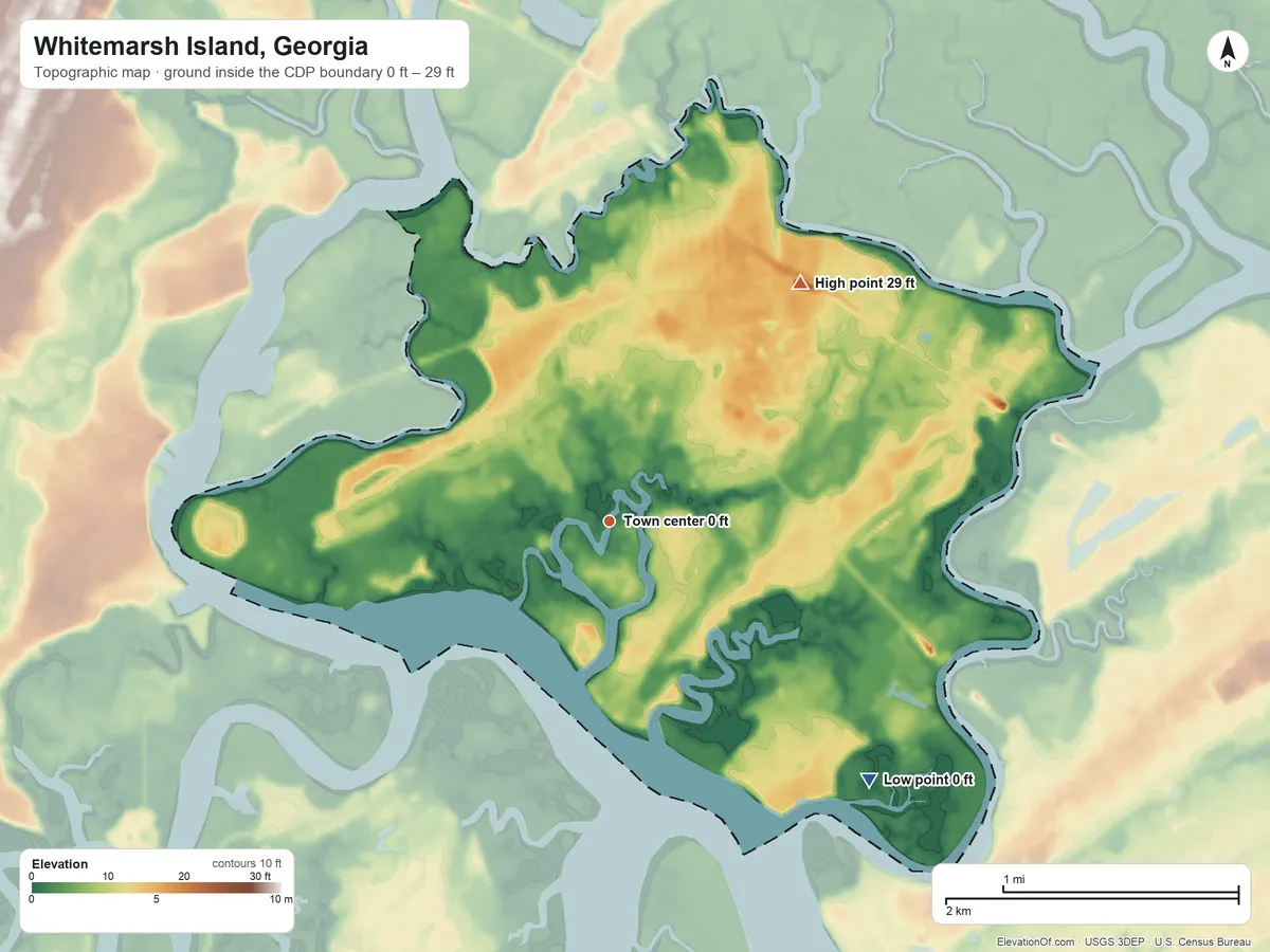 Topographic elevation map of Whitemarsh Island, Georgia, shaded from 0 ft on the southeast side to 29 ft on the northeast side