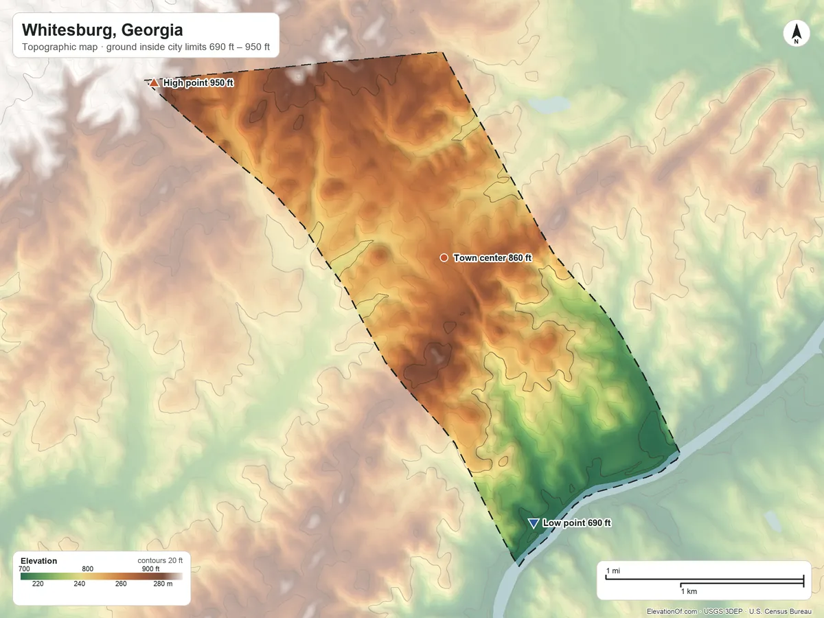 Topographic elevation map of Whitesburg, Georgia, shaded from 690 ft on the south side to 950 ft on the northwest side