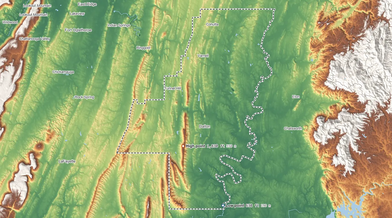 Topographic elevation map of Whitfield County, Georgia, shaded from 630 ft on the south side to 1,830 ft on Dug Mountain