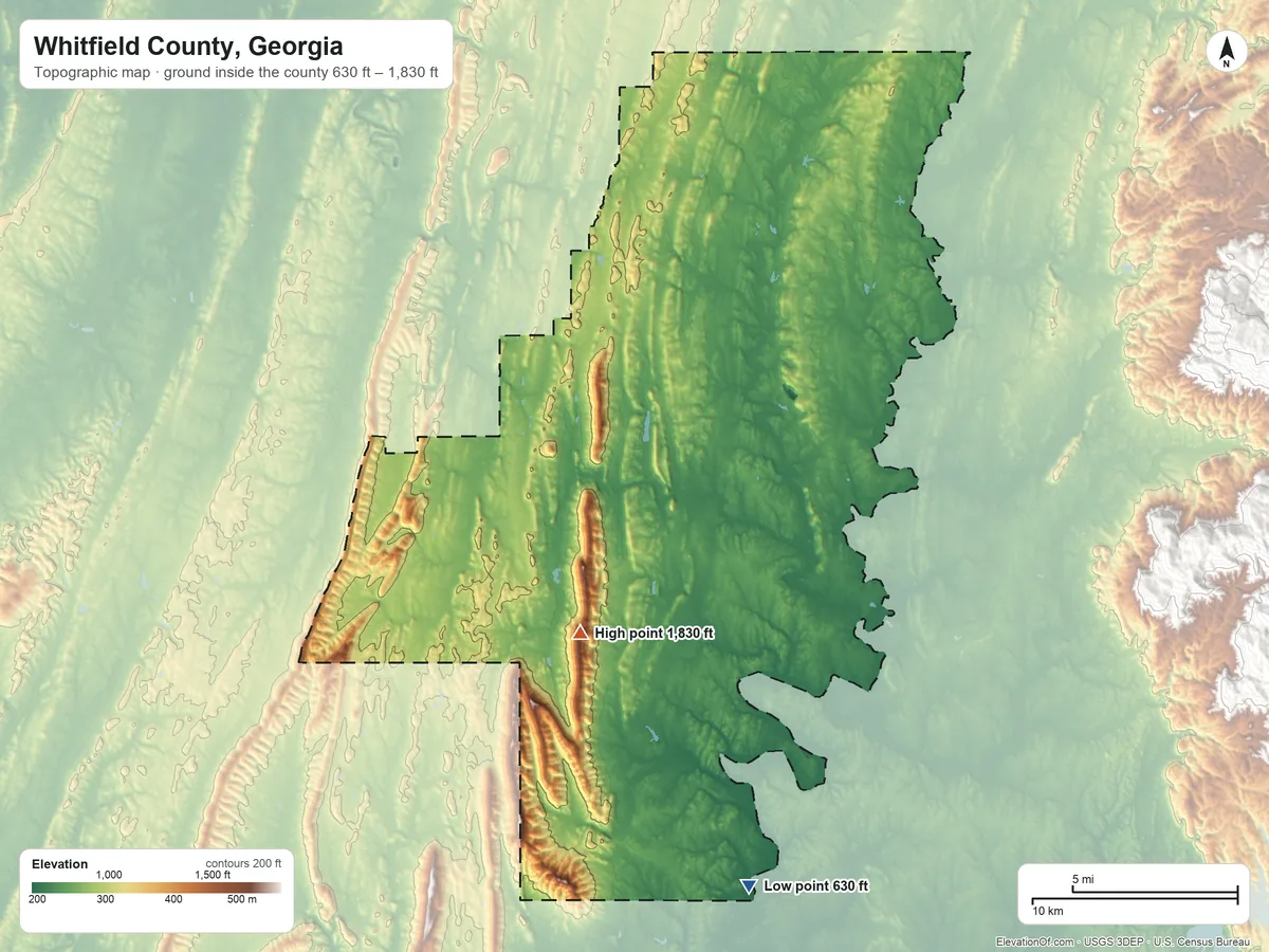 Topographic elevation map of Whitfield County, Georgia, shaded from 630 ft on the south side to 1,830 ft on Dug Mountain