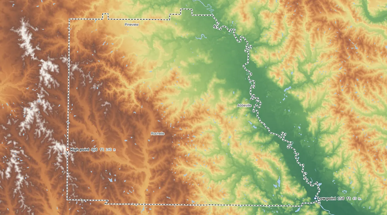 Topographic elevation map of Wilcox County, Georgia, shaded from 150 ft on the southeast side to 460 ft on the west side