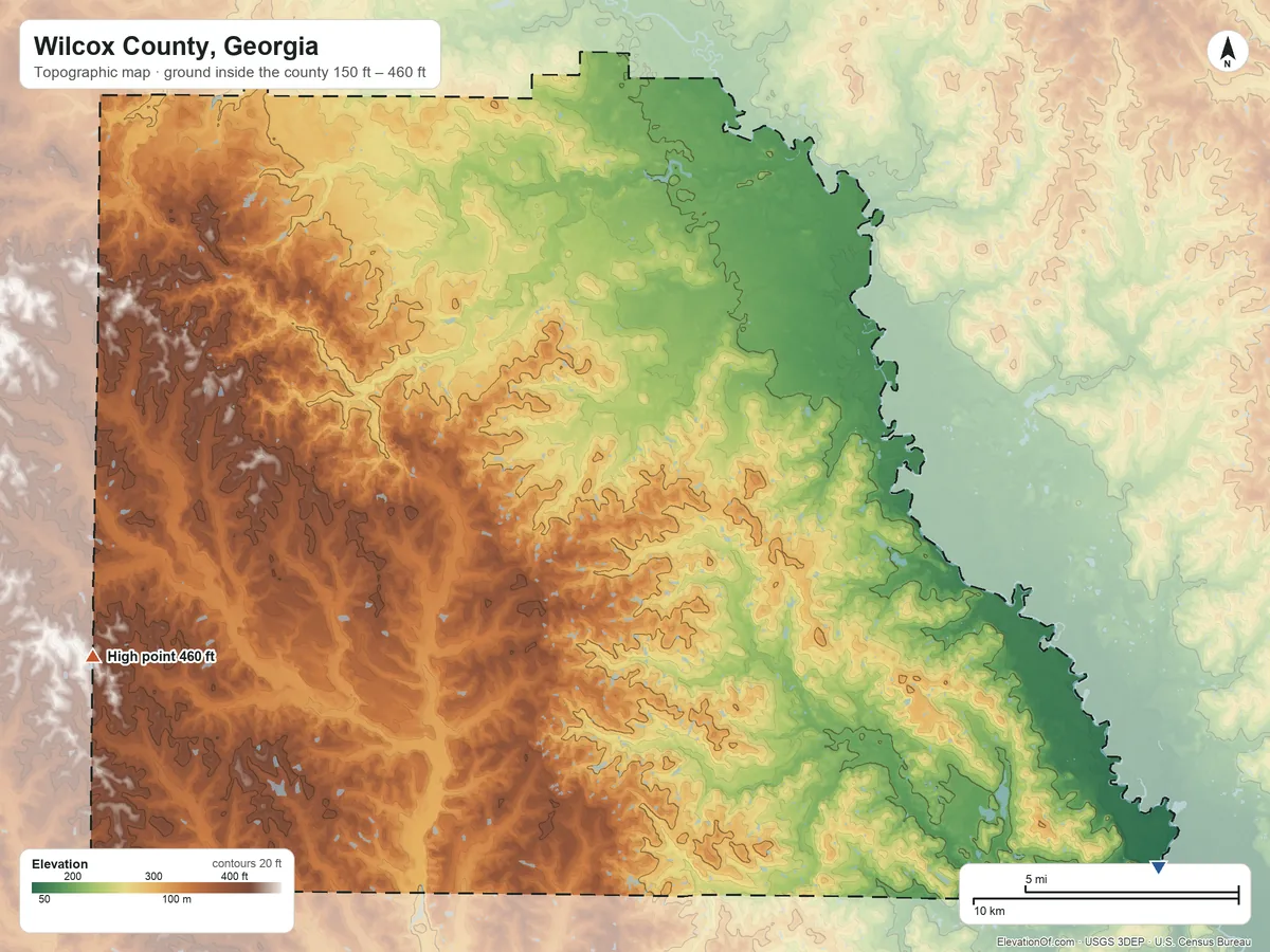 Topographic elevation map of Wilcox County, Georgia, shaded from 150 ft on the southeast side to 460 ft on the west side