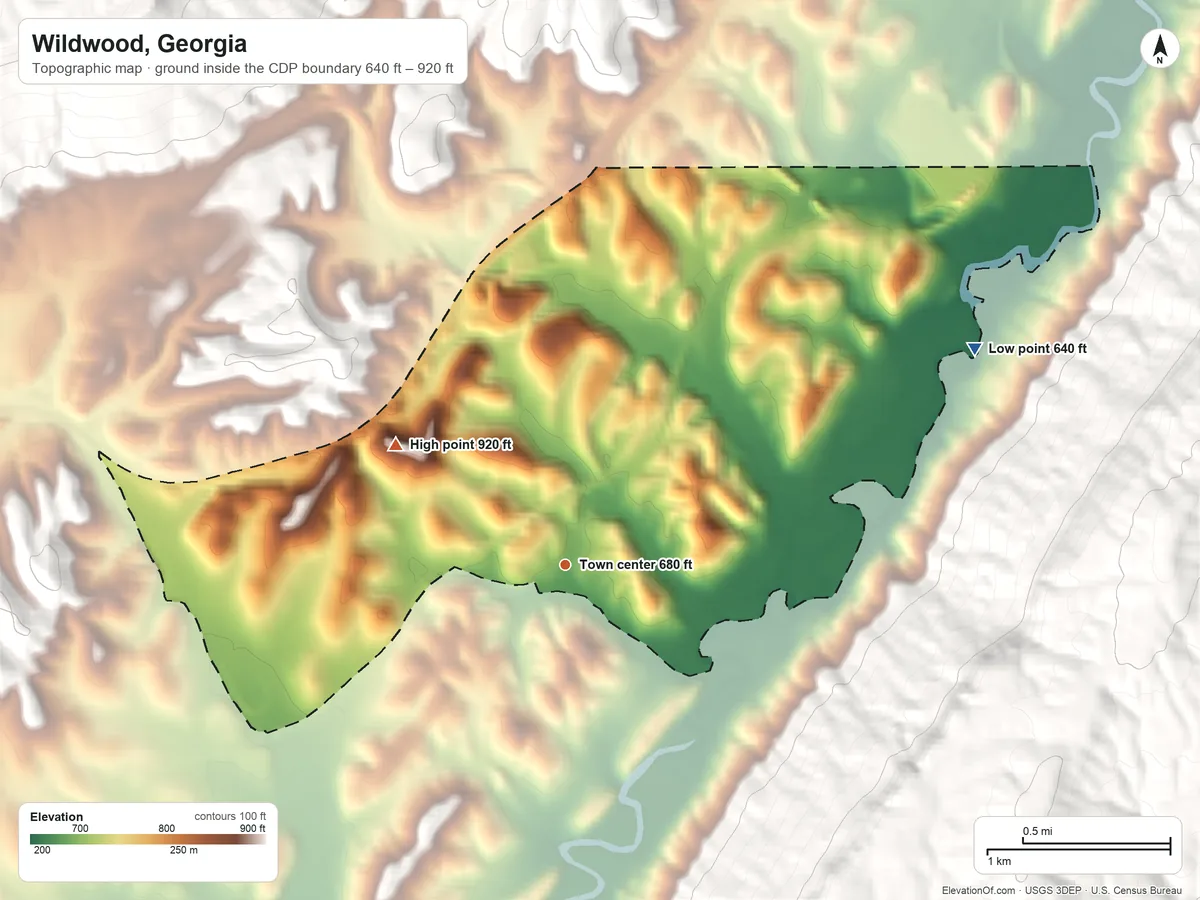 Topographic elevation map of Wildwood, Georgia, shaded from 640 ft on the northeast side to 920 ft at the foot of the Sand Mountain
