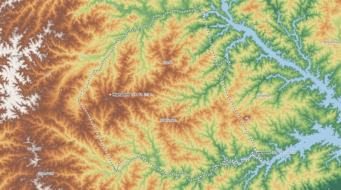 Topographic elevation map of Wilkes County, Georgia, shaded from 320 ft on the southeast side to 720 ft on the west side