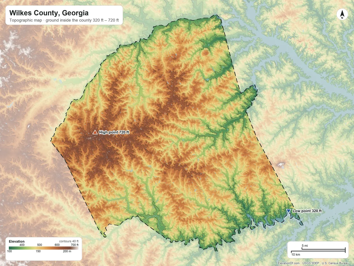 Topographic elevation map of Wilkes County, Georgia, shaded from 320 ft on the southeast side to 720 ft on the west side