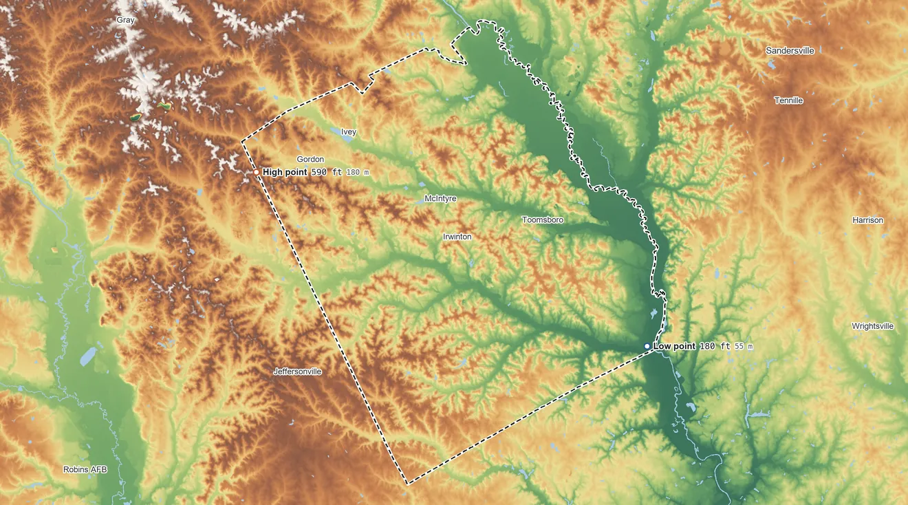 Topographic elevation map of Wilkinson County, Georgia, shaded from 180 ft on the southeast side to 590 ft on the west side