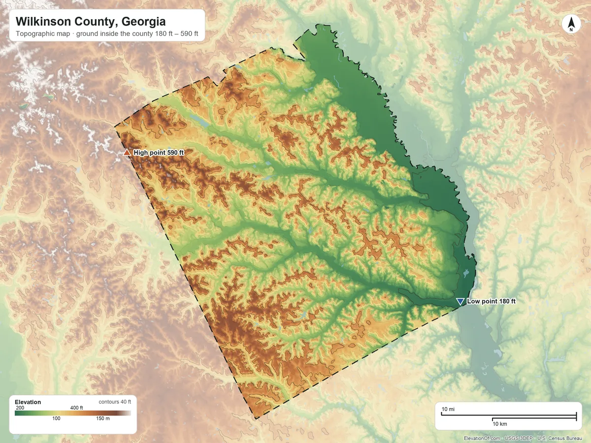 Topographic elevation map of Wilkinson County, Georgia, shaded from 180 ft on the southeast side to 590 ft on the west side