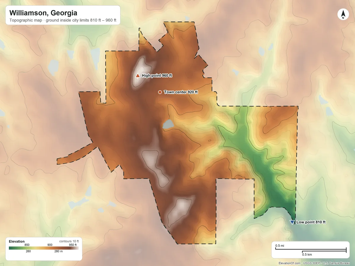 Topographic elevation map of Williamson, Georgia, shaded from 810 ft on the southeast side to 960 ft near the middle