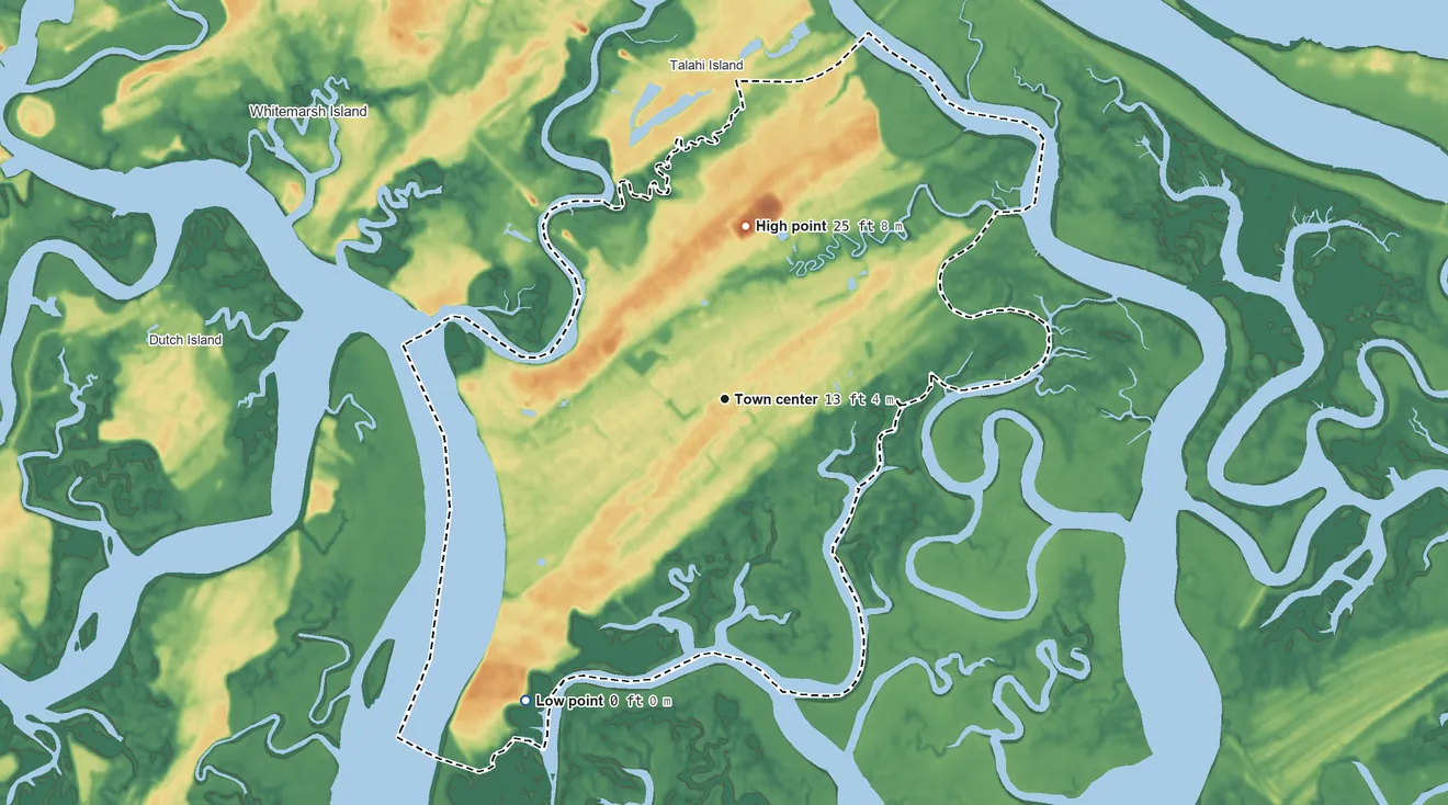 Topographic elevation map of Wilmington Island, Georgia, shaded from 0 ft on the southwest side to 25 ft on the north side