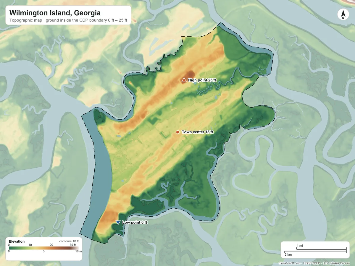 Topographic elevation map of Wilmington Island, Georgia, shaded from 0 ft on the southwest side to 25 ft on the north side