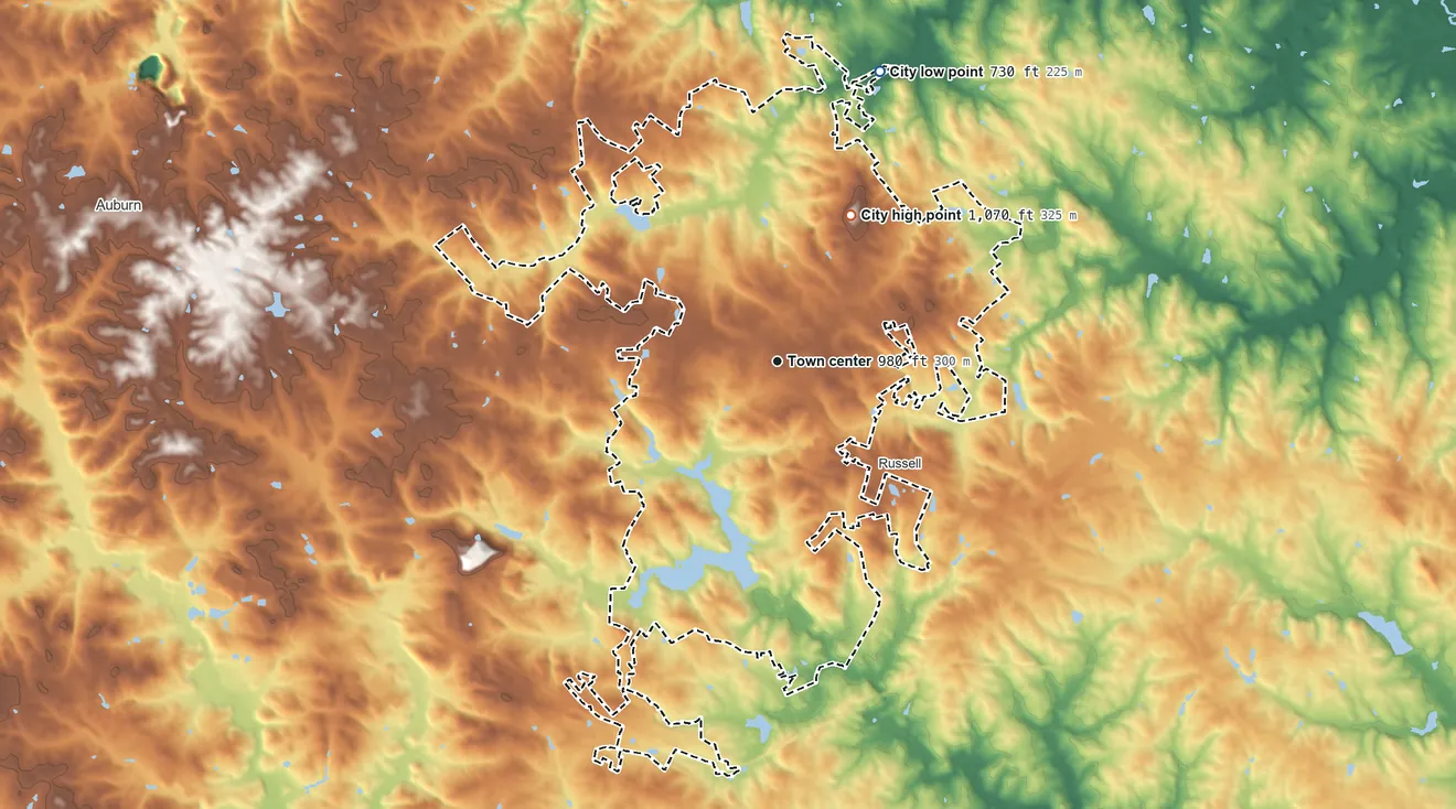 Topographic elevation map of Winder, Georgia, shaded from 730 ft on the north side to 1,070 ft on the northeast side