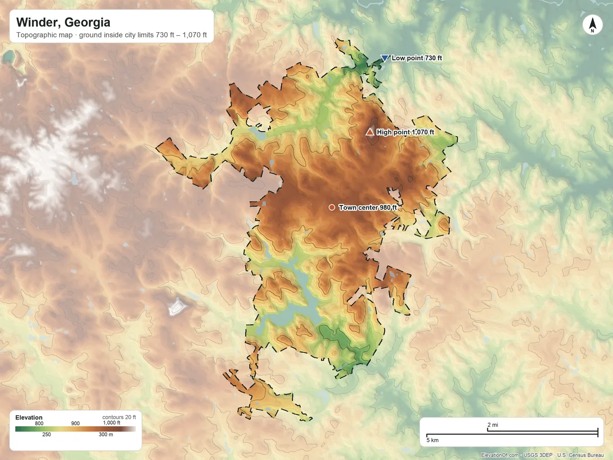 Topographic elevation map of Winder, Georgia, shaded from 730 ft on the north side to 1,070 ft on the northeast side