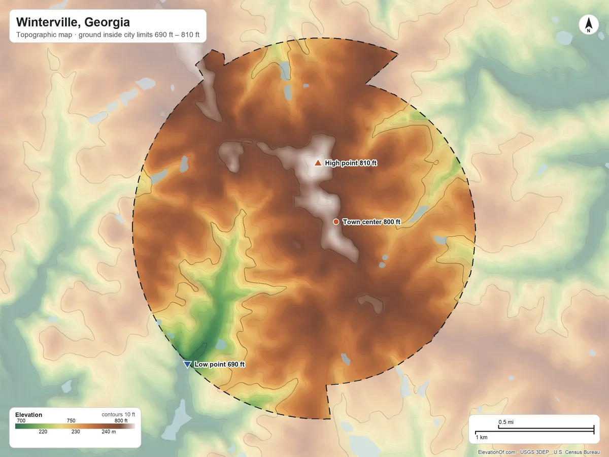 Topographic elevation map of Winterville, Georgia, shaded from 690 ft on the southwest side to 810 ft on the north side