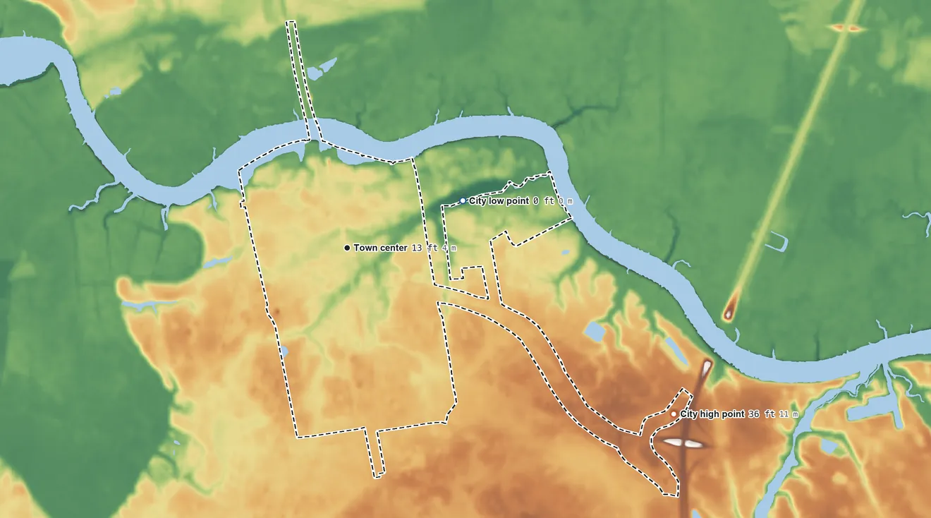 Topographic elevation map of Woodbine, Georgia, shaded from 0 ft on the east side to 36 ft on the southeast side
