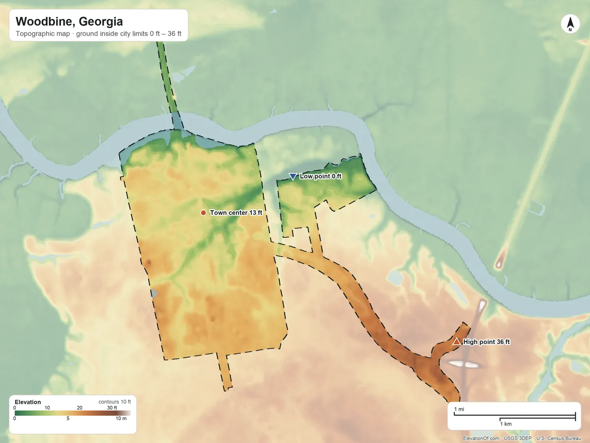 Topographic elevation map of Woodbine, Georgia, shaded from 0 ft on the east side to 36 ft on the southeast side