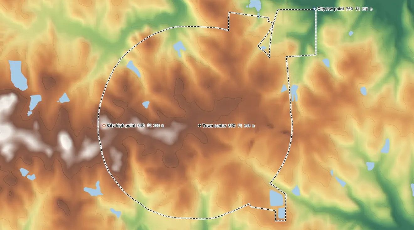 Topographic elevation map of Woodbury, Georgia, shaded from 700 ft on the northeast side to 830 ft on the west side