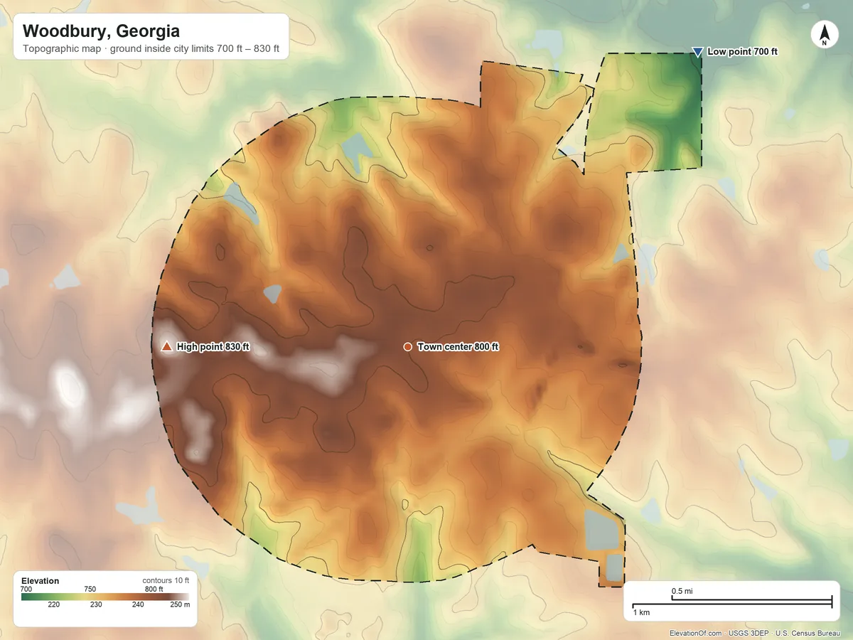 Topographic elevation map of Woodbury, Georgia, shaded from 700 ft on the northeast side to 830 ft on the west side