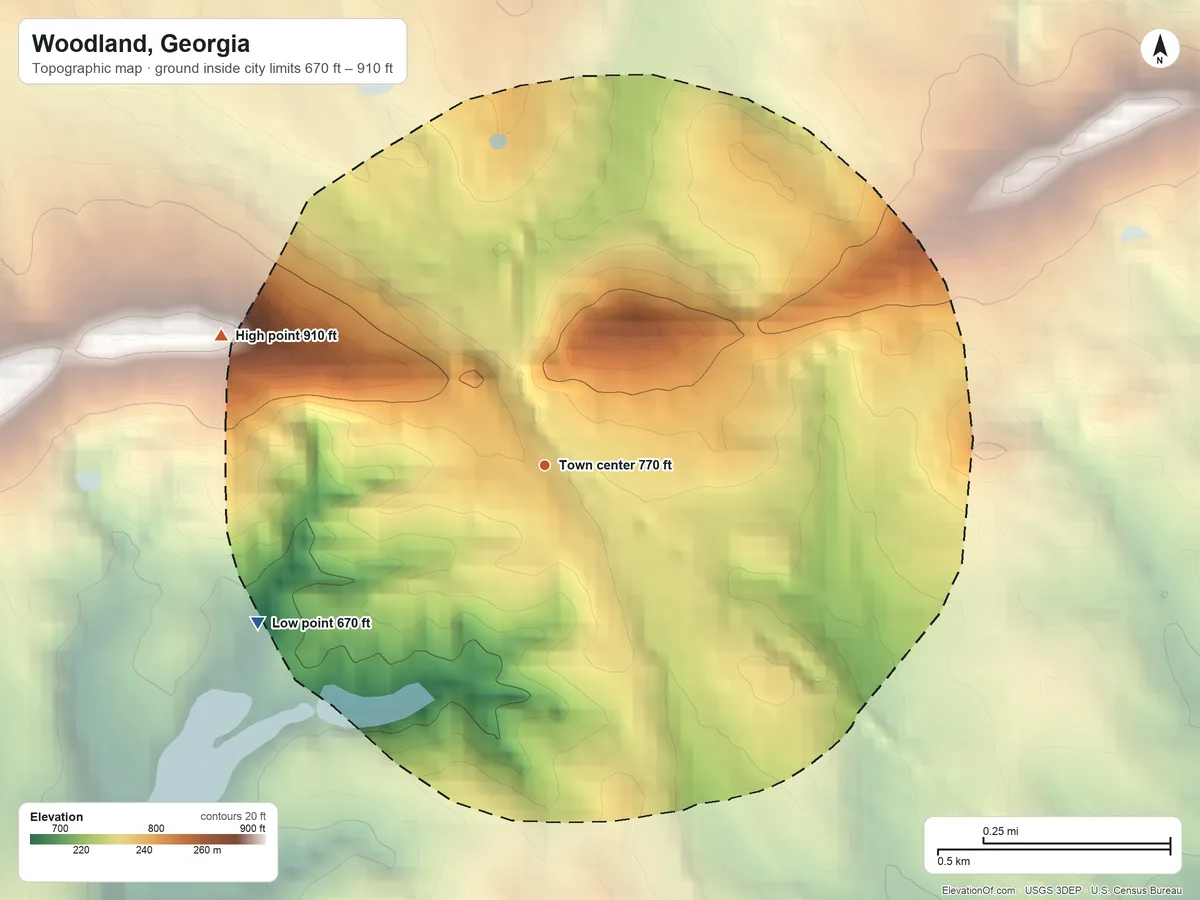 Topographic elevation map of Woodland, Georgia, shaded from 670 ft on the southwest side to 910 ft on the west side