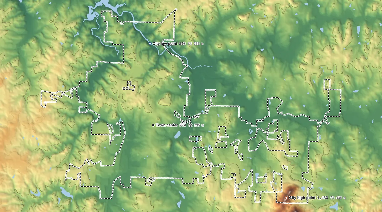 Topographic elevation map of Woodstock, Georgia, shaded from 840 ft on the north side to 1,430 ft on the southeast side