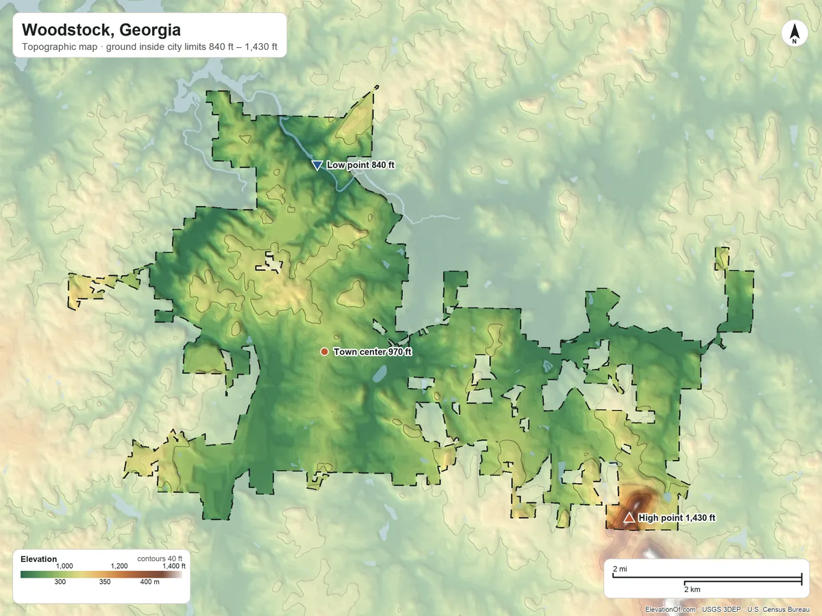Topographic elevation map of Woodstock, Georgia, shaded from 840 ft on the north side to 1,430 ft on the southeast side