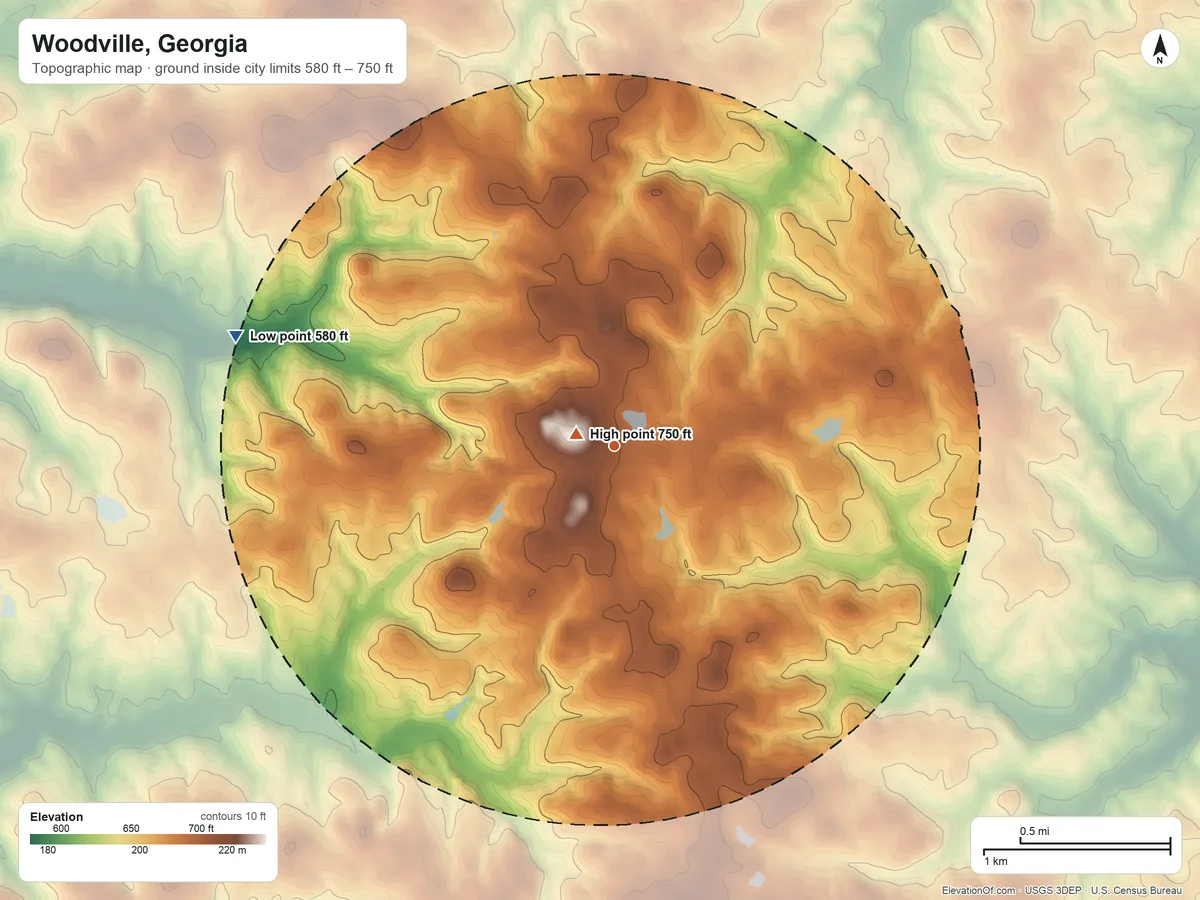 Topographic elevation map of Woodville, Georgia, shaded from 580 ft on the west side to 750 ft near the middle