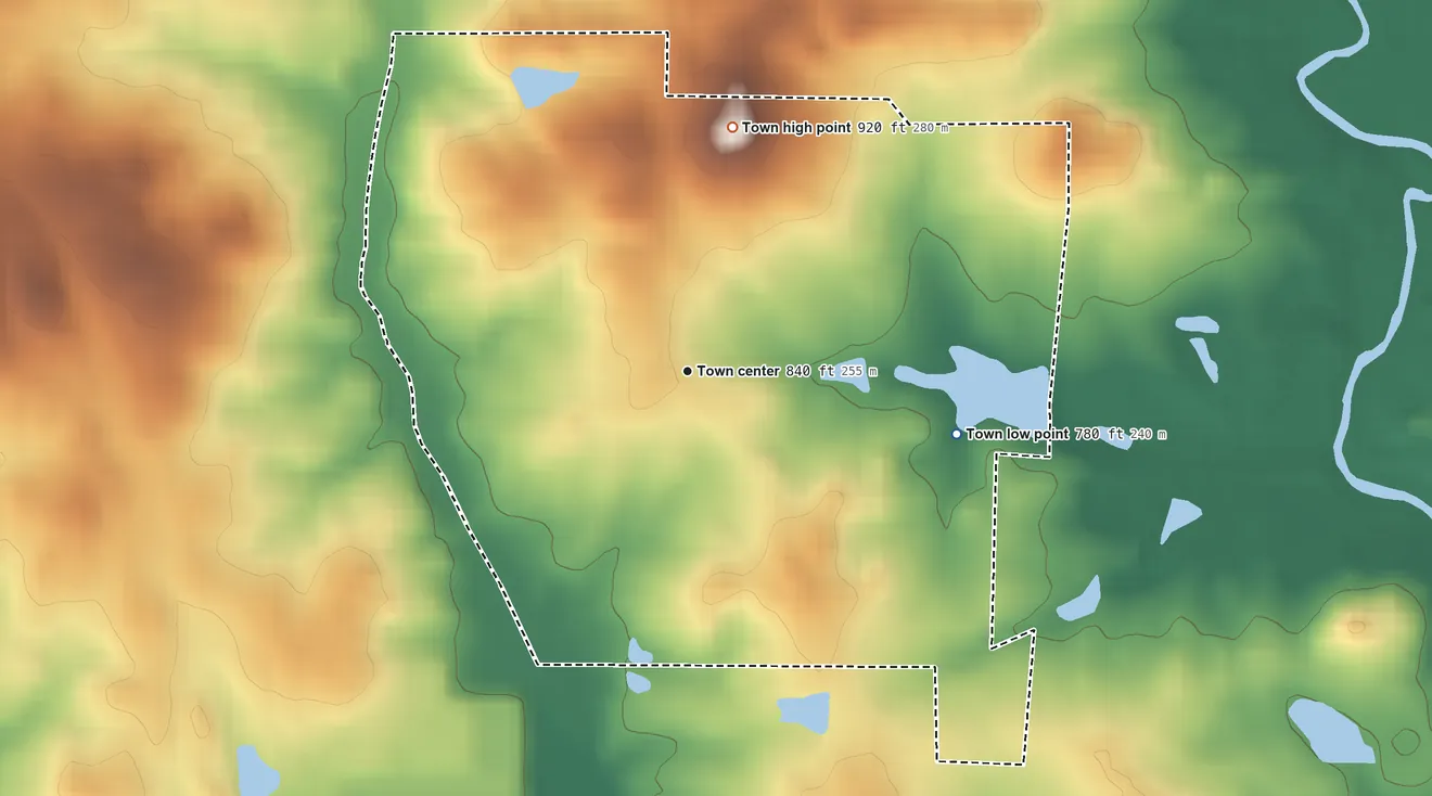 Topographic elevation map of Woolsey, Georgia, shaded from 780 ft on the east side to 920 ft on the north side
