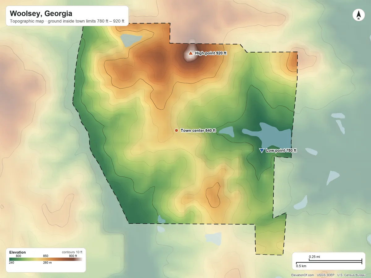 Topographic elevation map of Woolsey, Georgia, shaded from 780 ft on the east side to 920 ft on the north side
