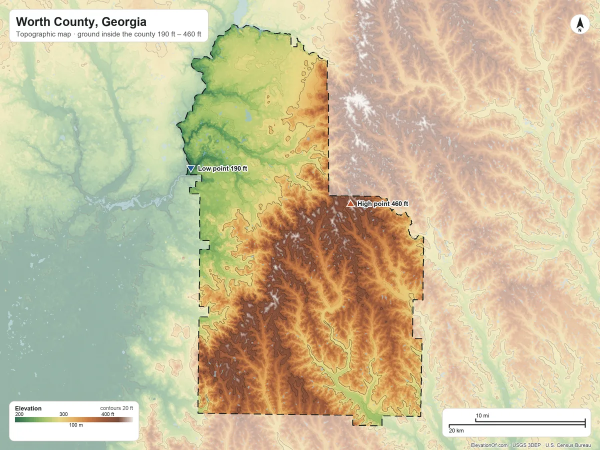 Topographic elevation map of Worth County, Georgia, shaded from 190 ft on the northwest side to 460 ft on the northeast side