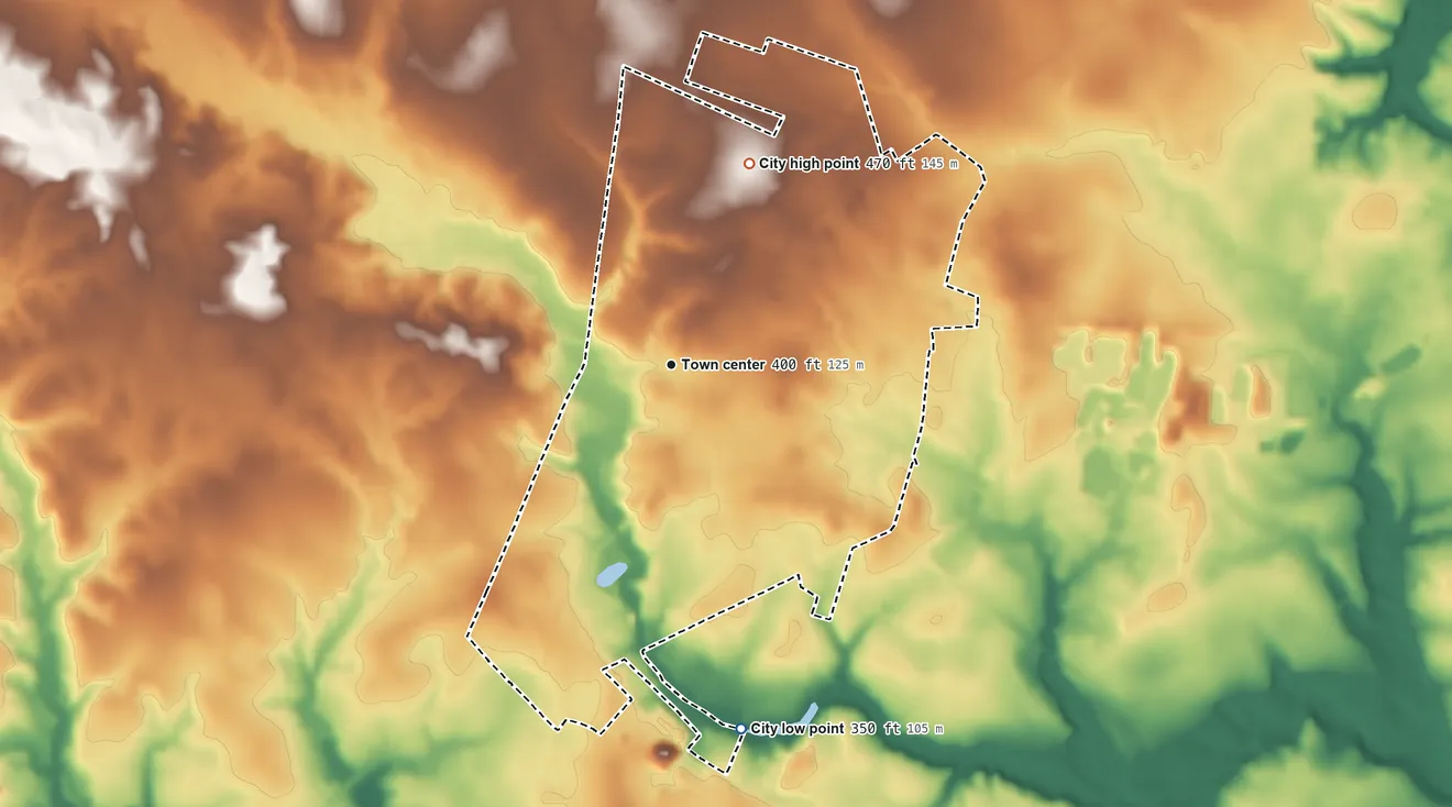 Topographic elevation map of Wrens, Georgia, shaded from 350 ft on the south side to 470 ft on the north side