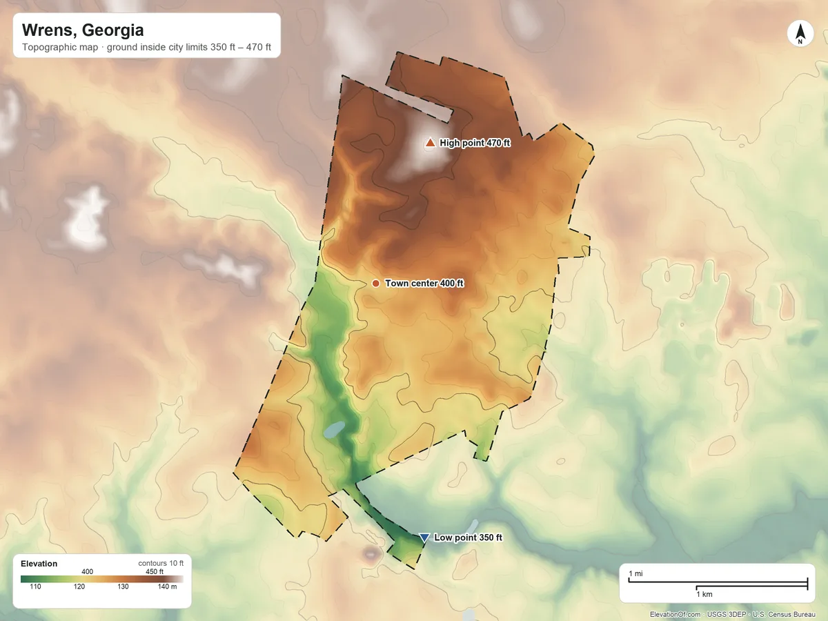 Topographic elevation map of Wrens, Georgia, shaded from 350 ft on the south side to 470 ft on the north side
