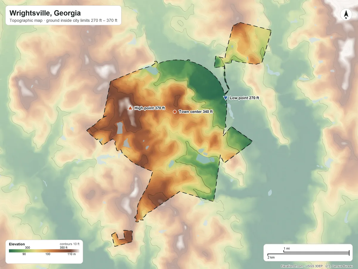 Topographic elevation map of Wrightsville, Georgia, shaded from 270 ft on the east side to 370 ft on the west side