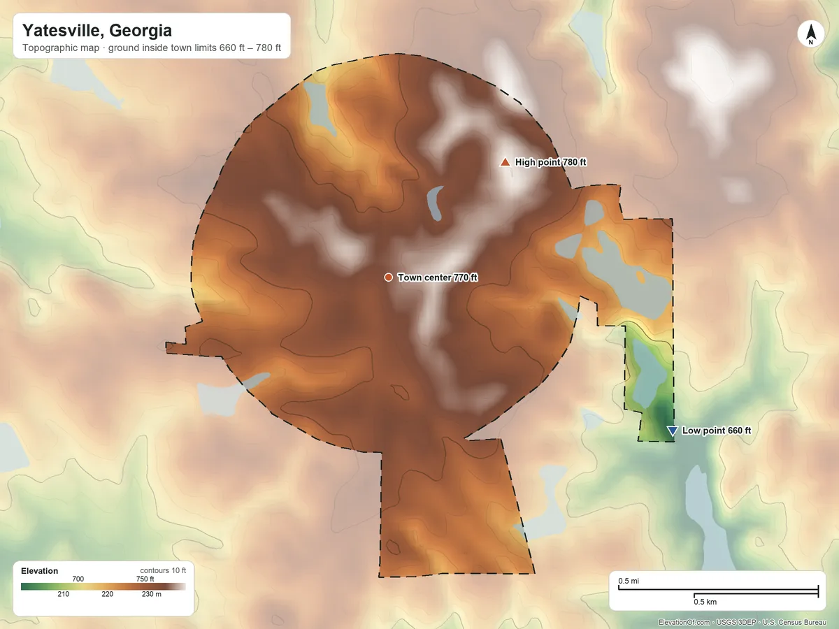 Topographic elevation map of Yatesville, Georgia, shaded from 660 ft on the southeast side to 780 ft on the northeast side