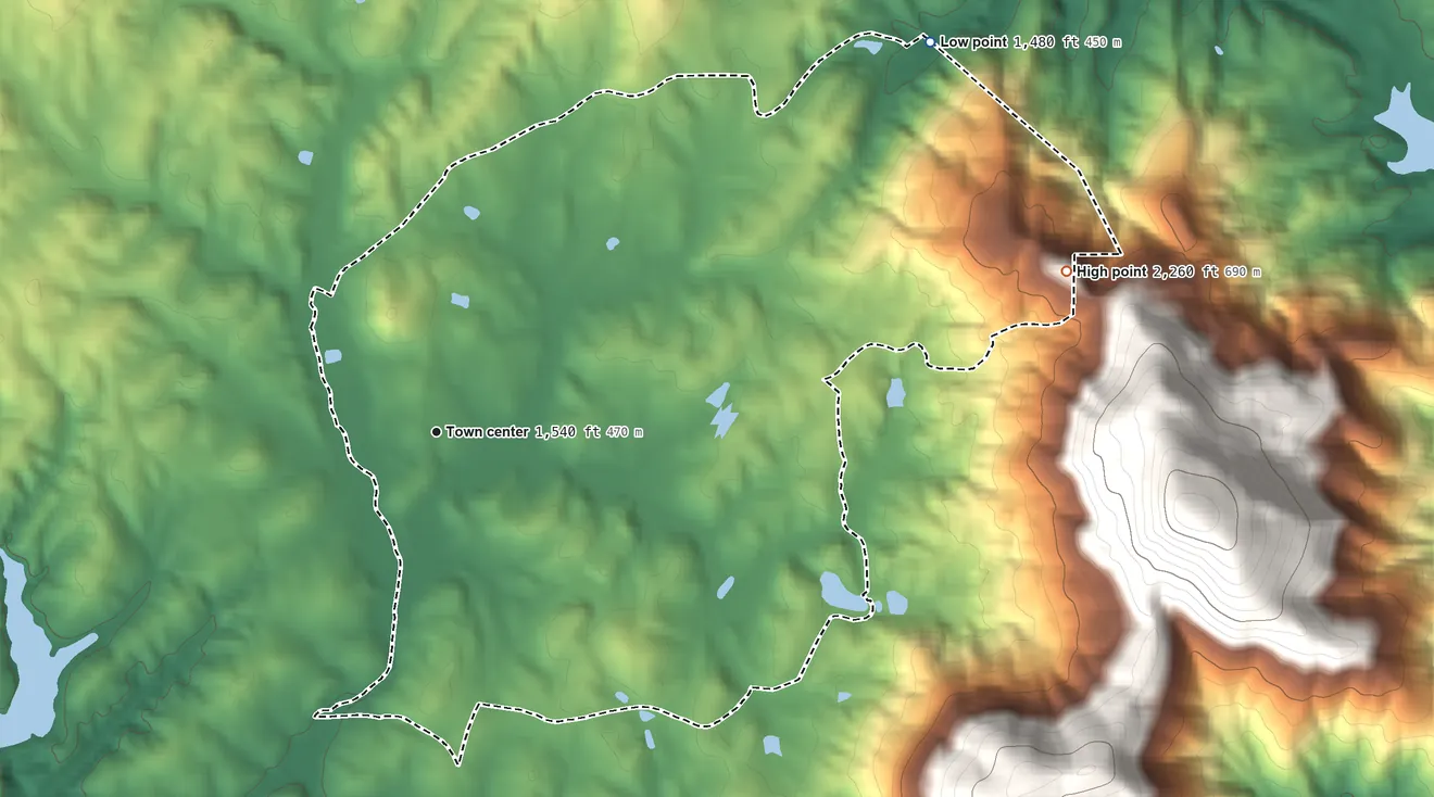 Topographic elevation map of Yonah, Georgia, shaded from 1,480 ft on the northeast side to 2,260 ft at the foot of the Long Mountain