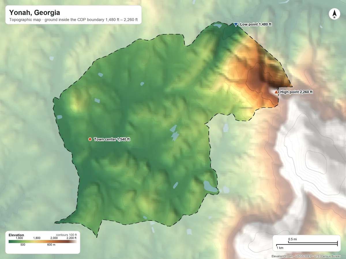 Topographic elevation map of Yonah, Georgia, shaded from 1,480 ft on the northeast side to 2,260 ft at the foot of the Long Mountain