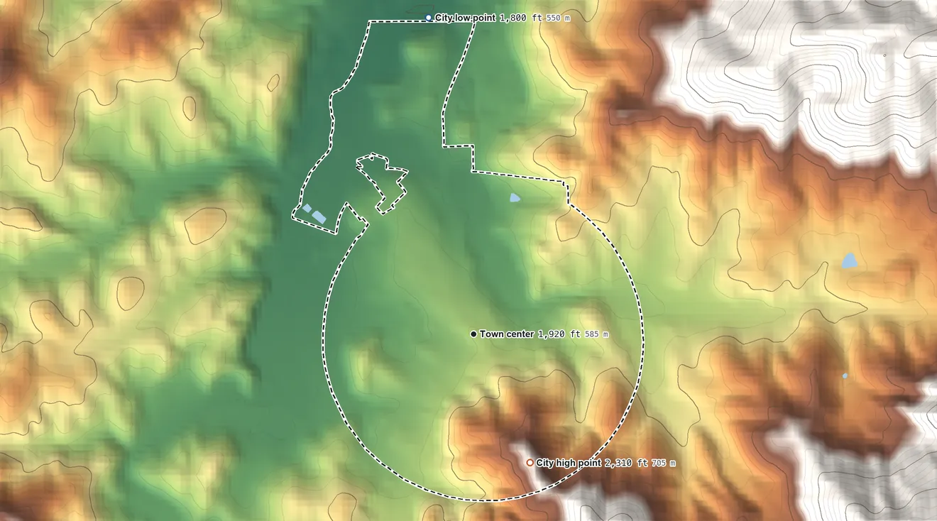 Topographic elevation map of Young Harris, Georgia, shaded from 1,800 ft on the north side to 2,310 ft on the southeast edge, below higher ground just outside