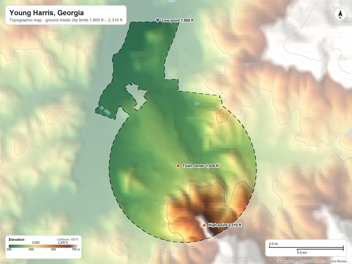 Topographic elevation map of Young Harris, Georgia, shaded from 1,800 ft on the north side to 2,310 ft on the southeast edge, below higher ground just outside