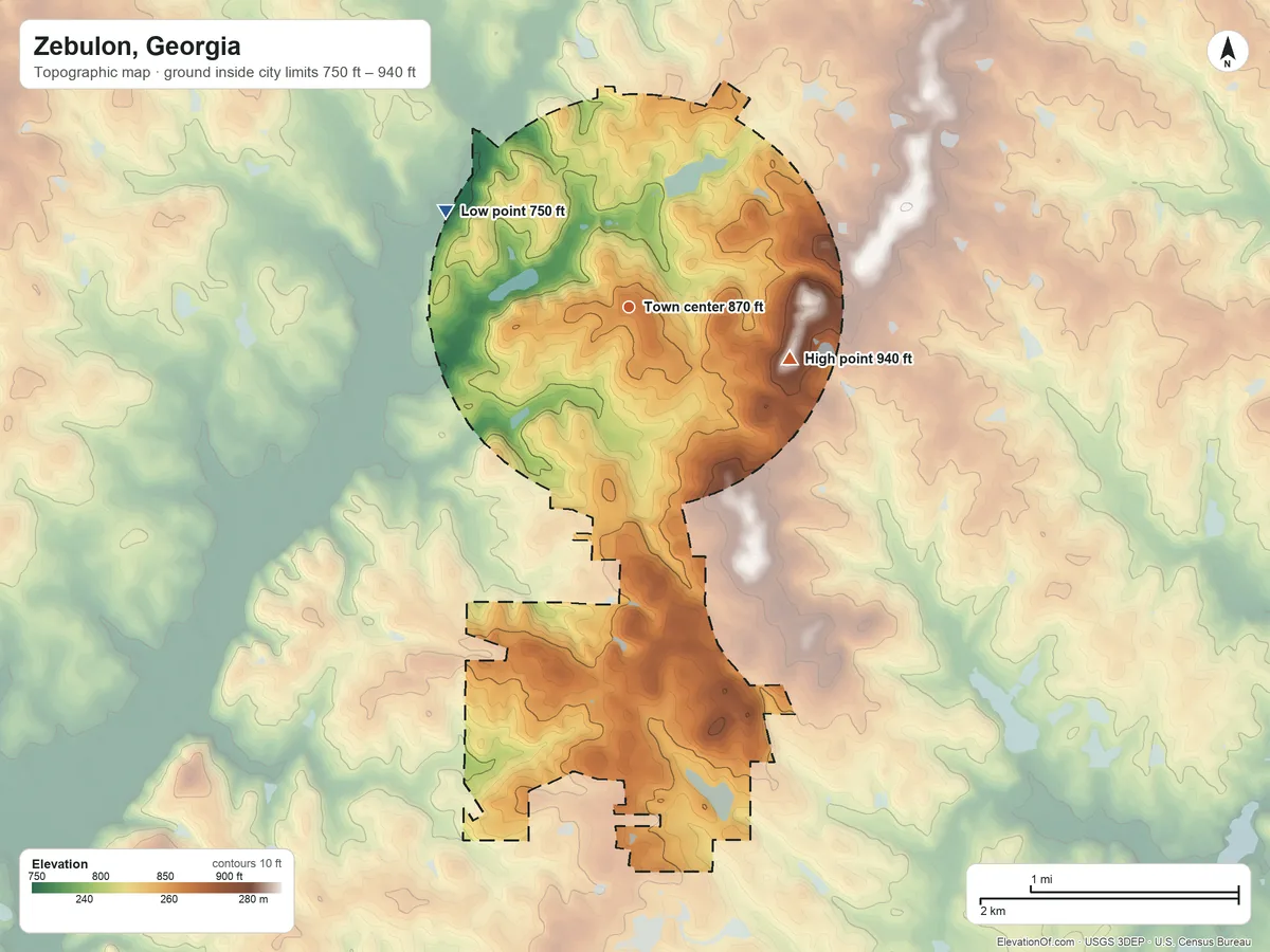 Topographic elevation map of Zebulon, Georgia, shaded from 750 ft on the northwest side to 940 ft on the east side