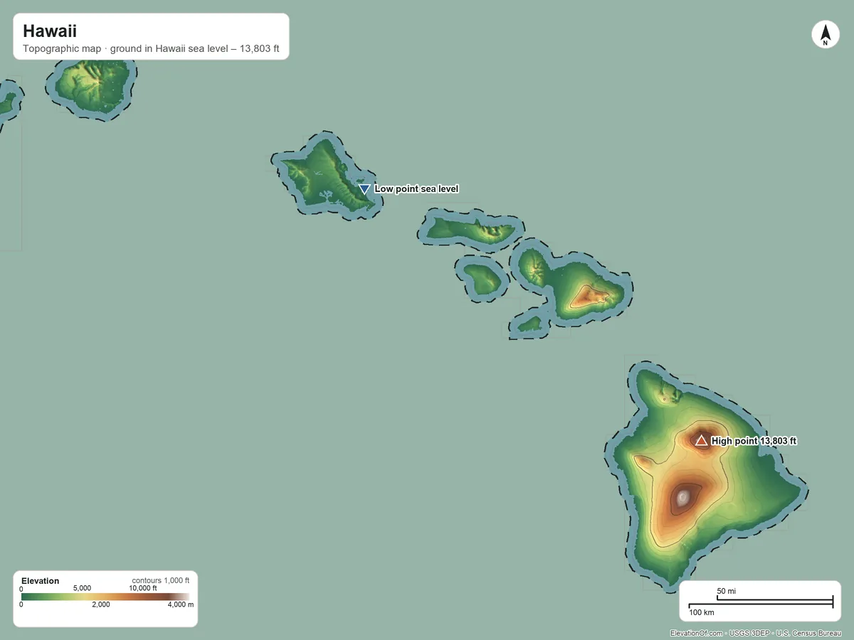 Topographic elevation map of Hawaii, shaded from sea level on the Pacific Ocean to 13,803 ft on Mauna Kea