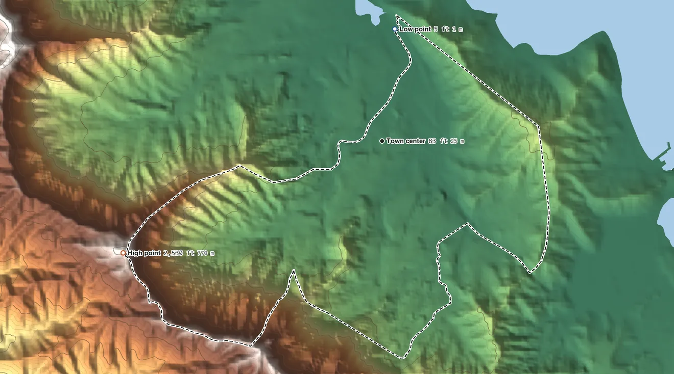 Topographic elevation map of Ahuimanu, Hawaii, shaded from 5 ft on the north side to 2,530 ft on the southwest side