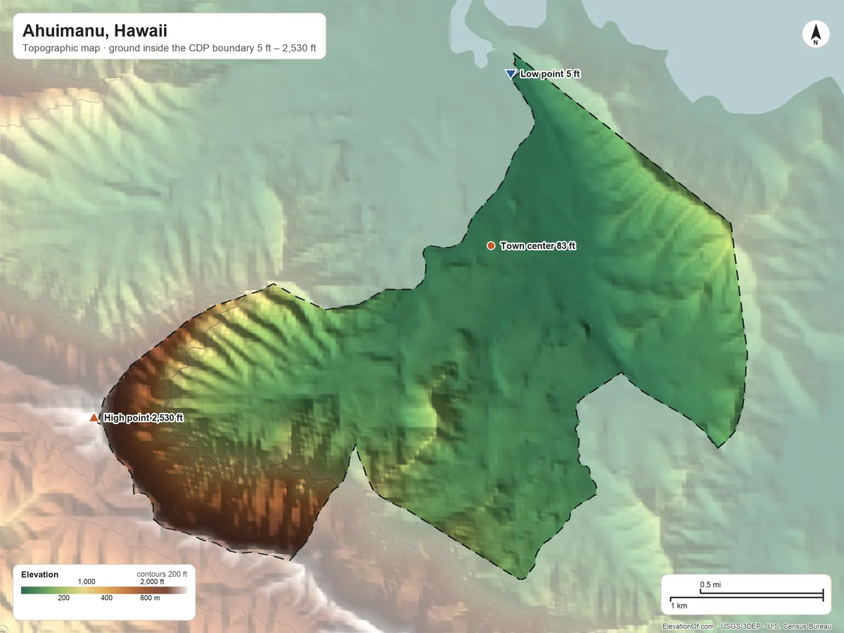 Topographic elevation map of Ahuimanu, Hawaii, shaded from 5 ft on the north side to 2,530 ft on the southwest side