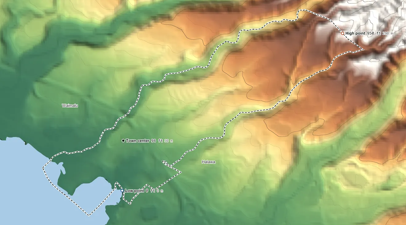 Topographic elevation map of Aiea, Hawaii, shaded from sea level level on Aiea Bay to 950 ft at the foot of the Koʻolau Range