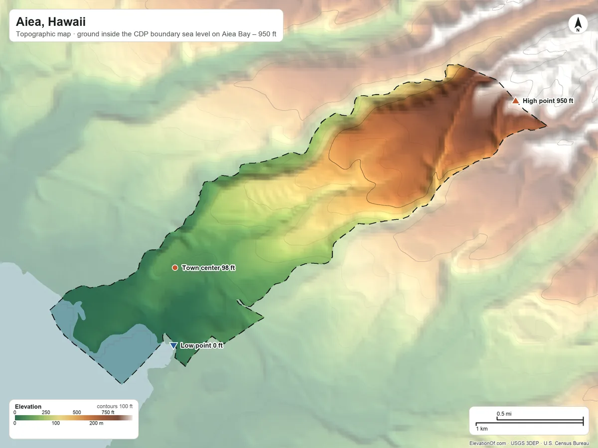 Topographic elevation map of Aiea, Hawaii, shaded from sea level level on Aiea Bay to 950 ft at the foot of the Koʻolau Range