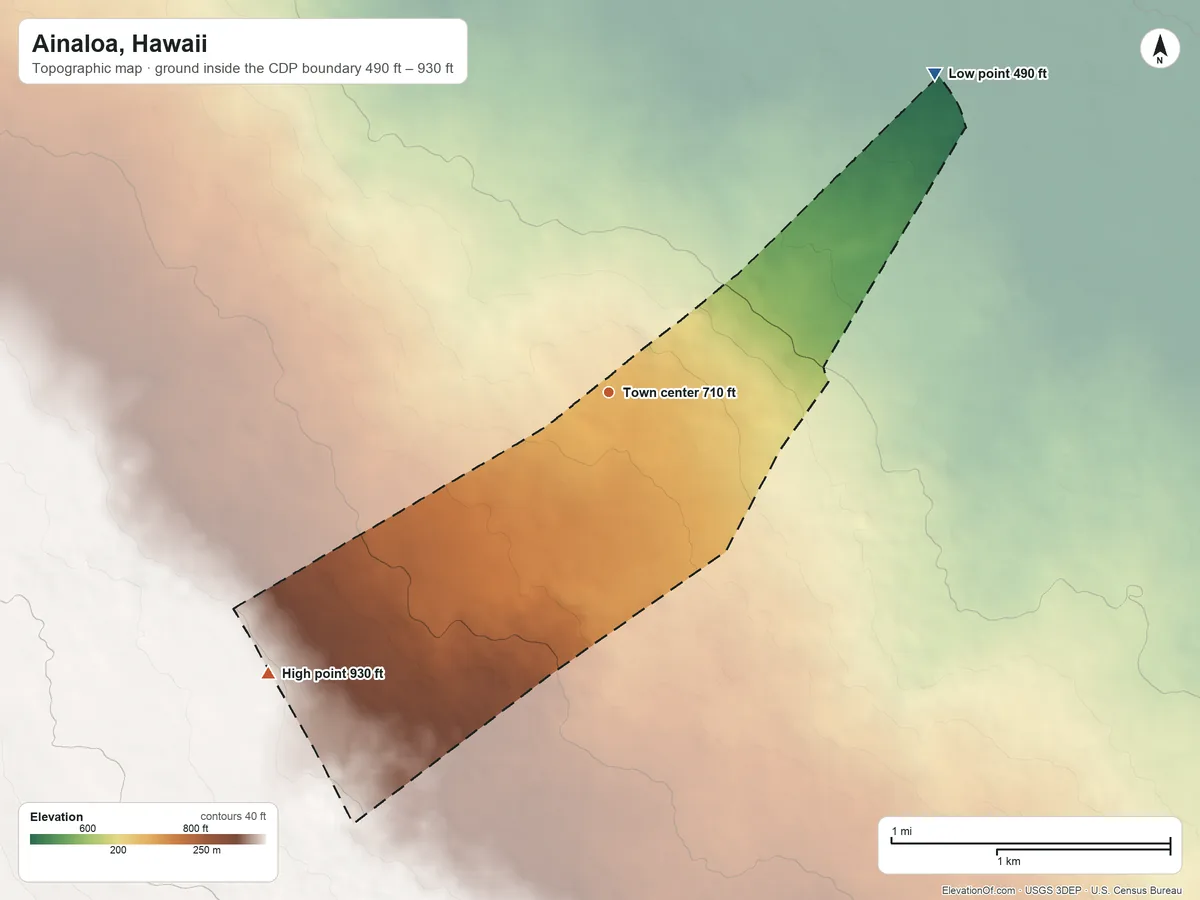 Topographic elevation map of Ainaloa, Hawaii, shaded from 490 ft on the northeast side to 930 ft on the southwest side