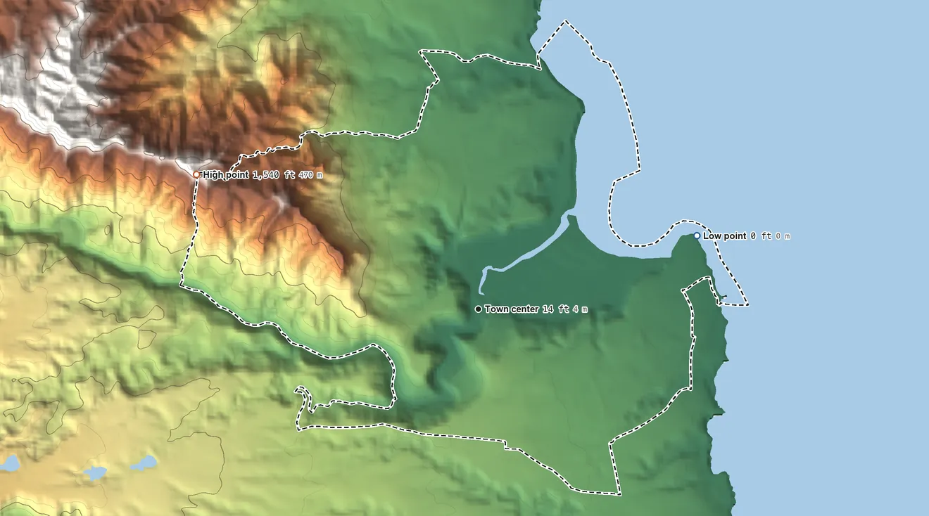 Topographic elevation map of Anahola, Hawaii, shaded from sea level level on the Pacific Ocean to 1,540 ft on the northwest edge, below higher ground just outside