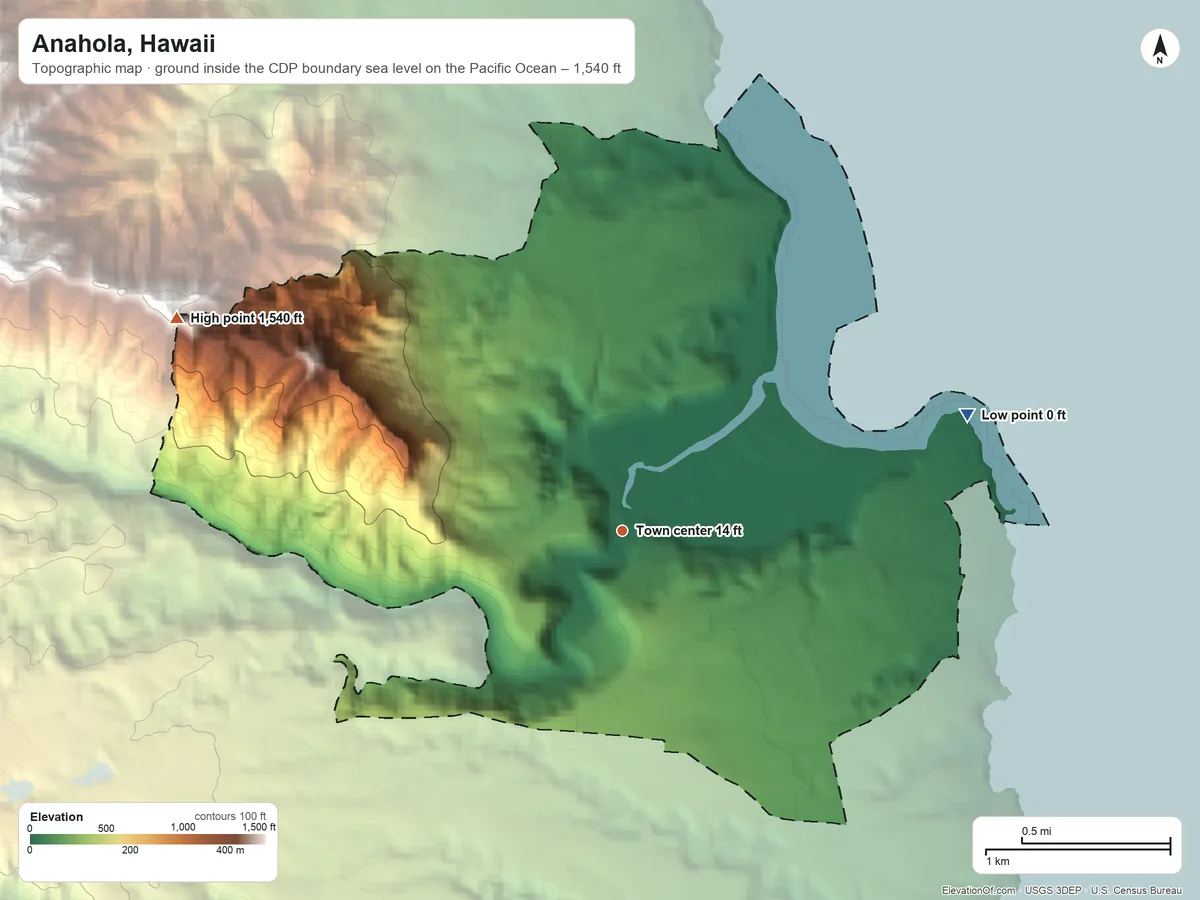 Topographic elevation map of Anahola, Hawaii, shaded from sea level level on the Pacific Ocean to 1,540 ft on the northwest edge, below higher ground just outside