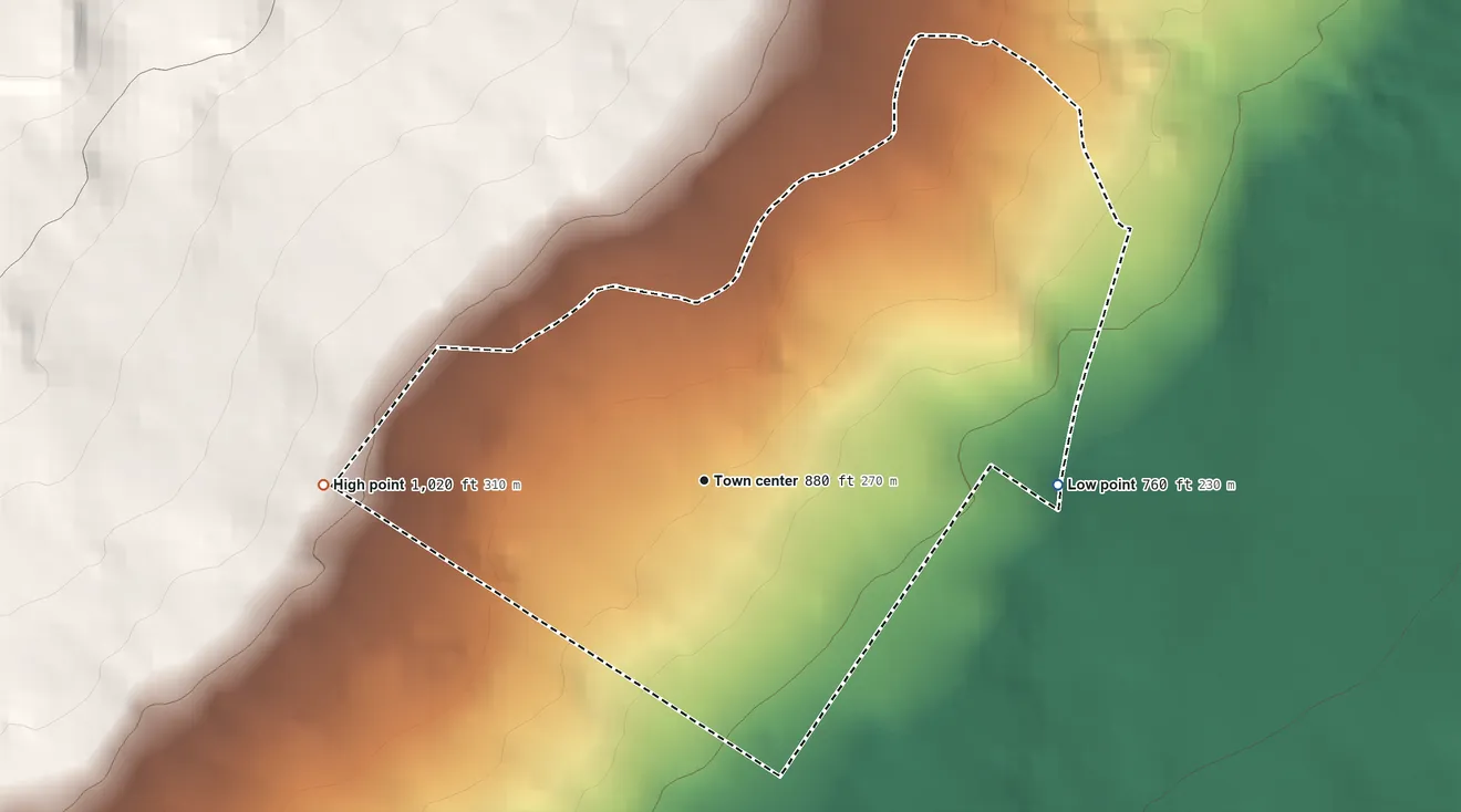 Topographic elevation map of Black Sands, Hawaii, shaded from 760 ft on the east side to 1,020 ft on the west edge, below higher ground just outside