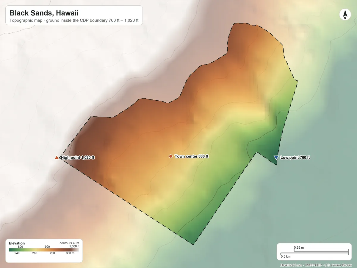 Topographic elevation map of Black Sands, Hawaii, shaded from 760 ft on the east side to 1,020 ft on the west edge, below higher ground just outside