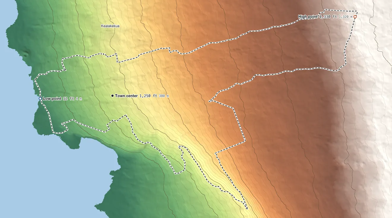 Topographic elevation map of Captain Cook, Hawaii, shaded from 12 ft on the west side to 4,330 ft on the east edge, below higher ground just outside